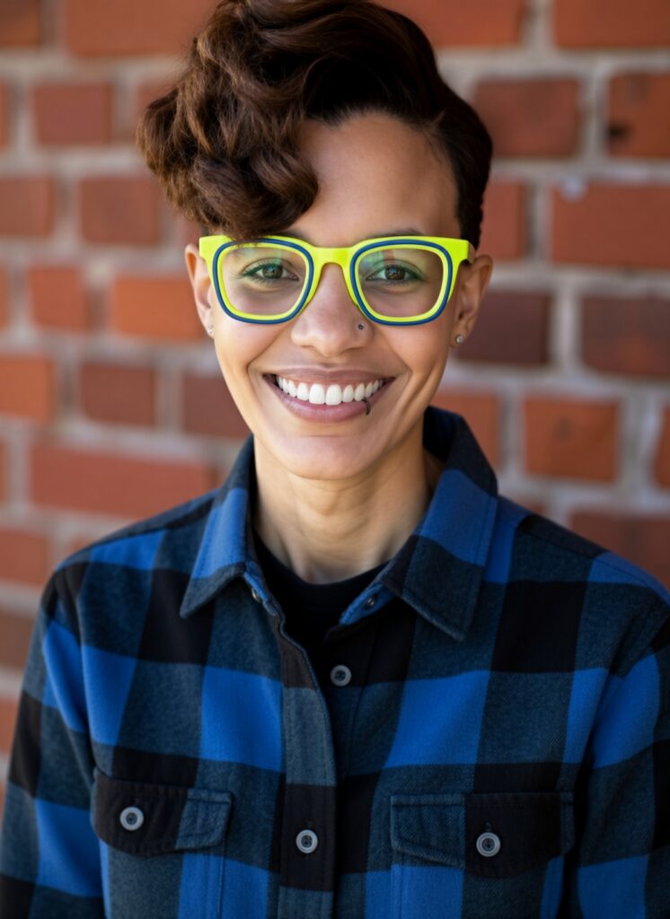 Woman in front of a brick background.